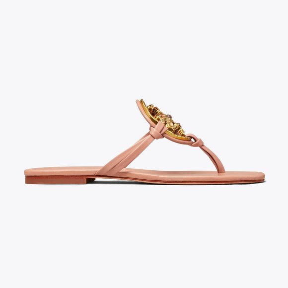 Tory Burch Miller Jeweled Leather Thong Sandals Meadowsweet Peachy Pink - Picture 12 of 14